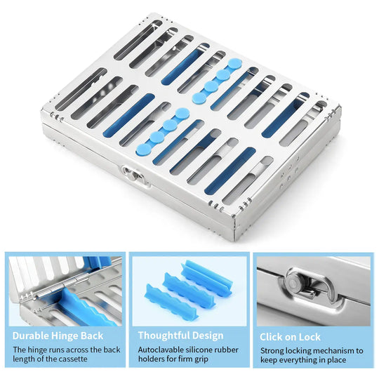 Dental Instrument Disinfection Box Sterilization Rack Autoclavable Tray with multiple grids, showcasing stainless steel construction, blue silicone holders, and locking mechanism for secure storage and sterilization of dental tools