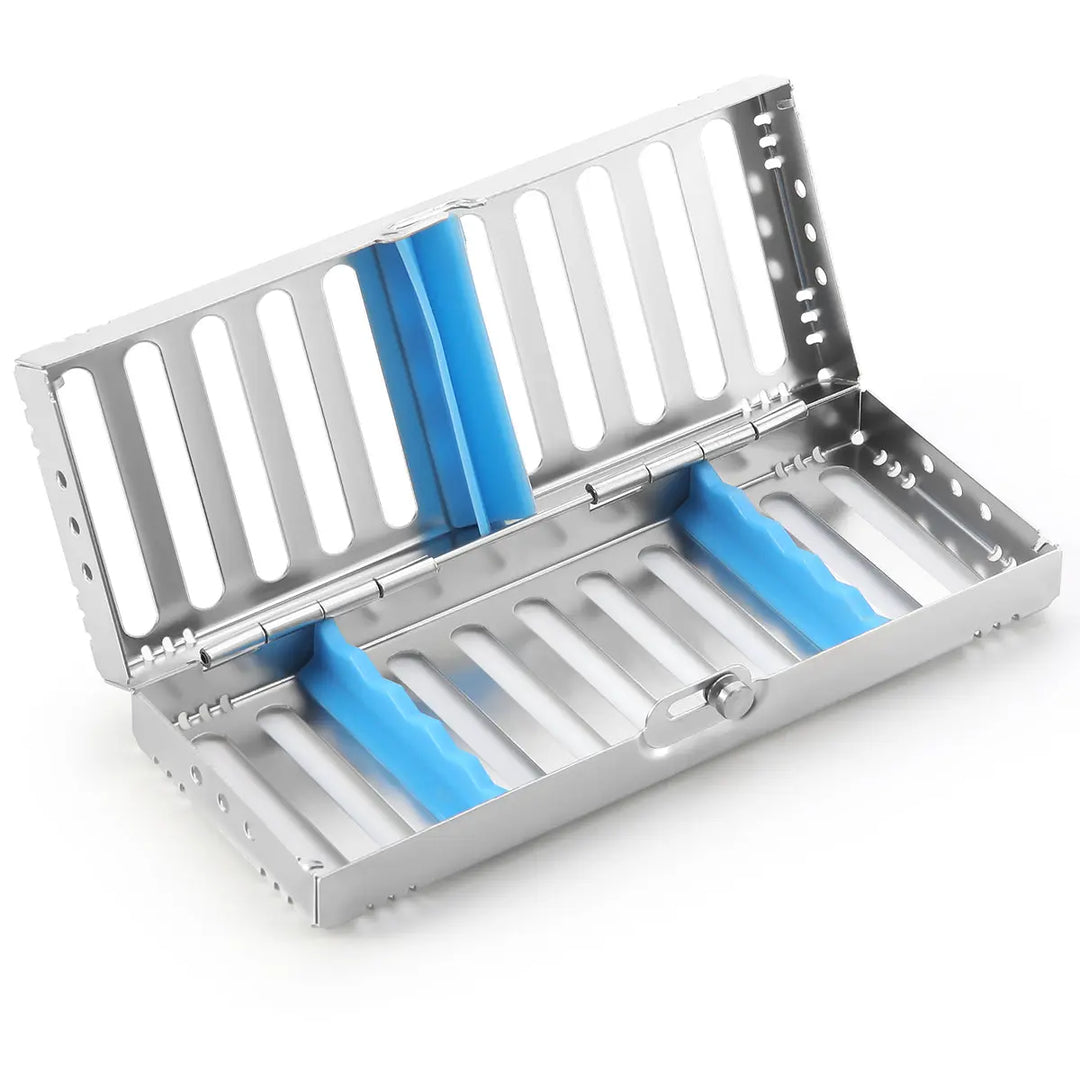 Dental Instrument Disinfection Box Sterilization Rack open, displaying stainless steel interior with blue silicone inserts, autoclavable tray with multiple slots for organizing dental tools, durable and easy-to-clean design for efficient instrument management