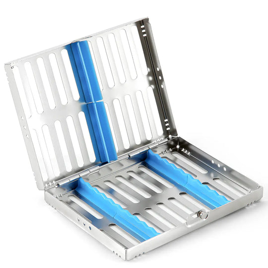 Dental Instrument Disinfection Box Sterilization Rack Autoclavable Tray with stainless steel construction, detachable design, and blue silicone inserts for secure instrument placement. Open tray displays multiple slots for organizing dental tools, suitable for autoclave sterilization.