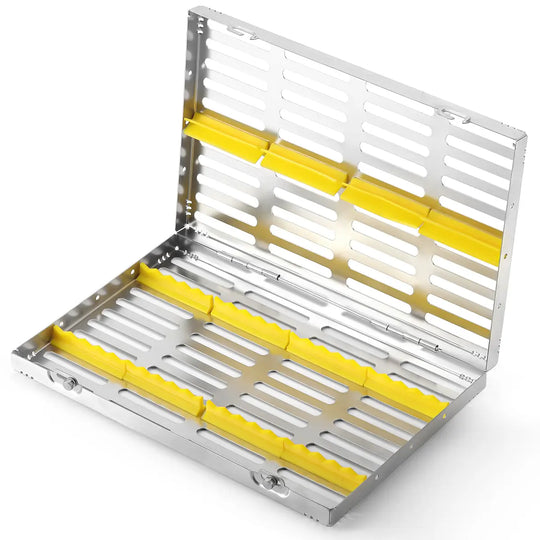 Dental Instrument Disinfection Box Sterilization Rack Autoclavable Tray with stainless steel construction, featuring yellow silicone holders for dental tools, open to display interior grid pattern and locking mechanism for secure storage and easy sterilization