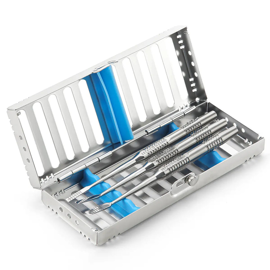 Dental Instrument Disinfection Box Sterilization Rack Autoclavable Tray with stainless steel construction, multiple compartments, and dental tools inside. Open lid displays organized instrument storage for dental practice hygiene and sterilization procedures.