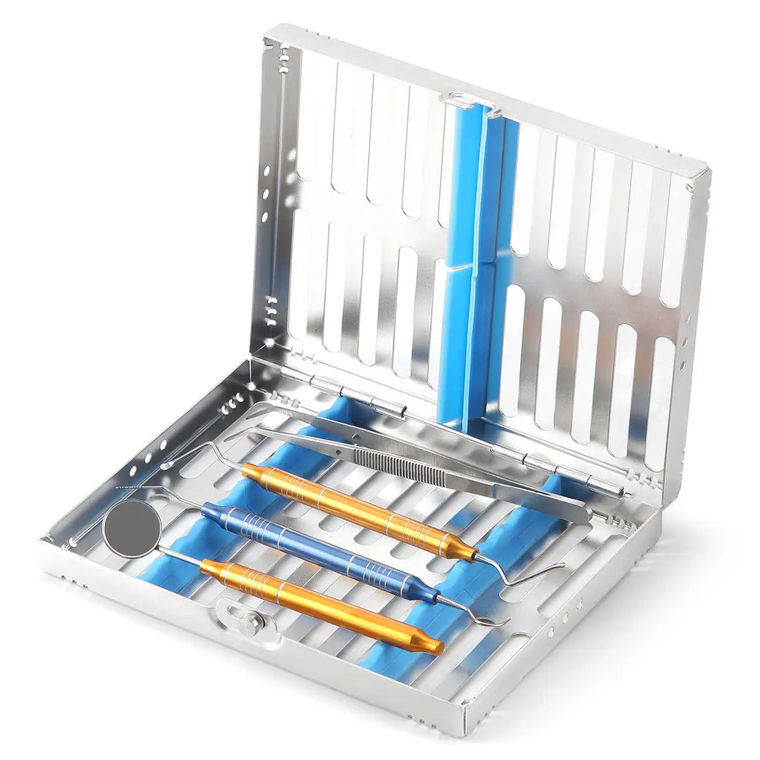 Dental Instrument Disinfection Box Sterilization Rack Autoclavable Tray with multiple grids, featuring stainless steel construction, detachable design, and compartments for organizing dental tools. Contains blue and yellow instruments inside an open sterilization box.