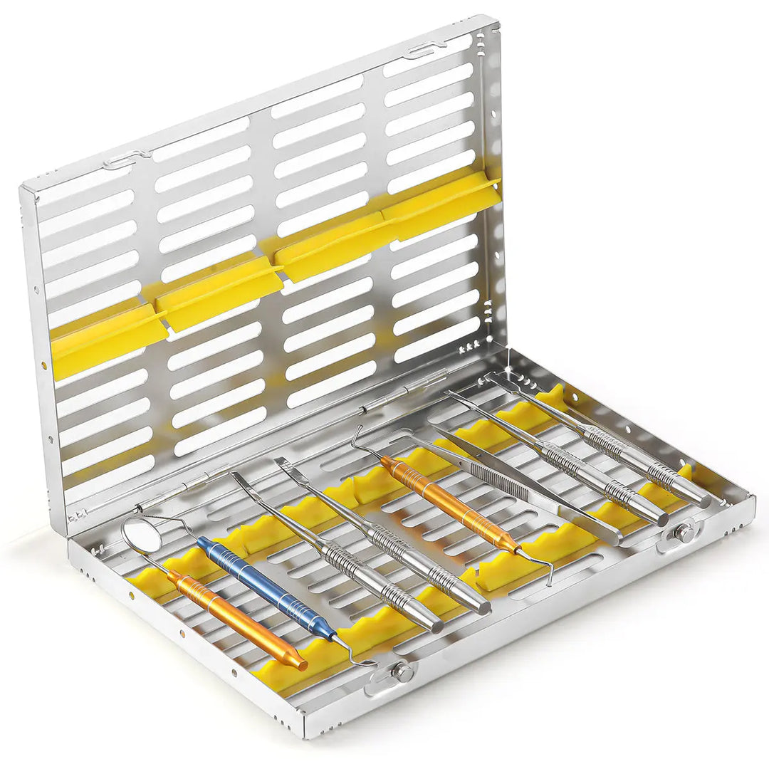 Dental Instrument Disinfection Box Sterilization Rack Autoclavable Tray with stainless steel construction, multiple grids, and yellow inserts for organizing dental tools, featuring lockable design and high-temperature resistance for effective sterilization