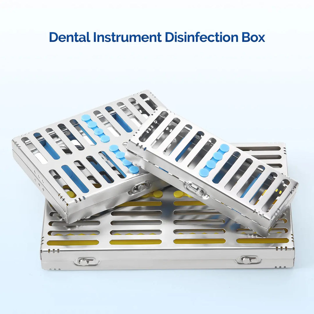 Dental Instrument Disinfection Box Sterilization Rack Autoclavable Tray with stainless steel construction, multiple grids, and colorful inserts for organizing dental tools, showcasing durability and efficient sterilization capabilities