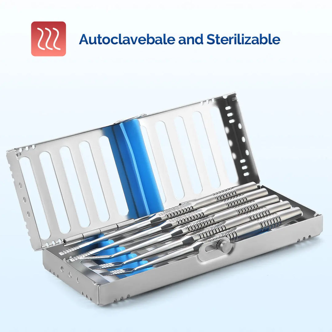 Dental Instrument Disinfection Box Sterilization Rack Autoclavable Tray with stainless steel construction, featuring multiple slots for organizing dental tools, blue silicone insert, and autoclavable design for high-temperature sterilization