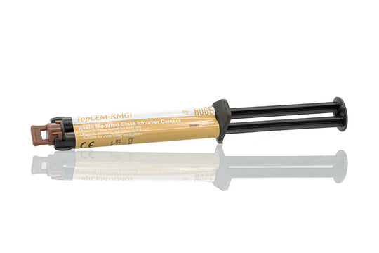 Dual-barrel auto-mixing syringe containing TopCEM-RMGI Resin Modified Glass Ionomer Cement-Luting in gold-colored chamber with black plunger mechanism for precise dental cementation application