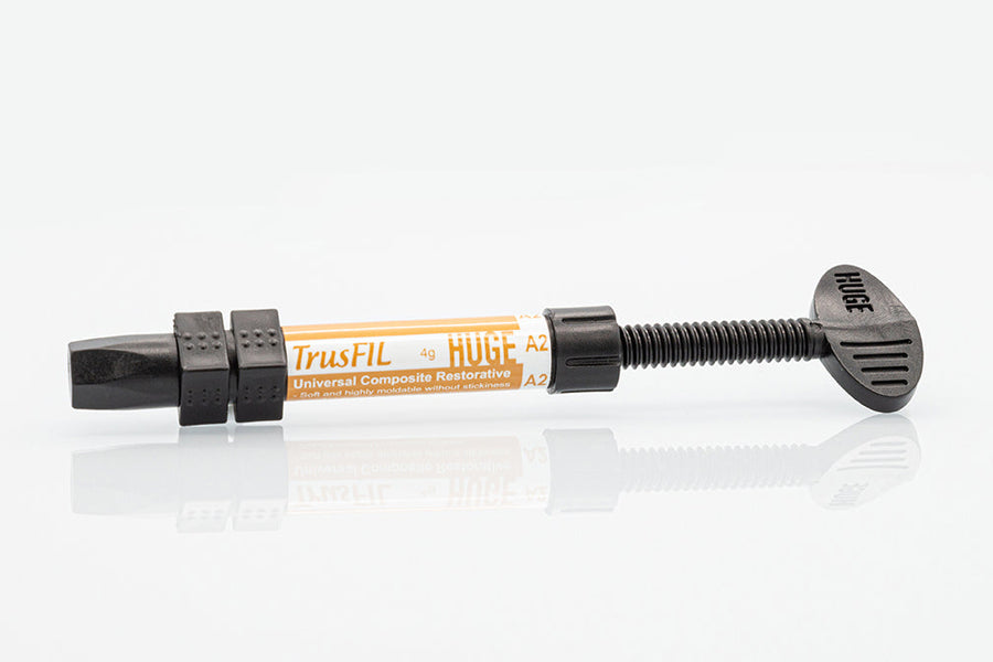 Single TrusFIL Universal Composite Restorative syringe with orange label and black plunger mechanism shown against white background, displaying professional dental composite material packaging for dental restorations