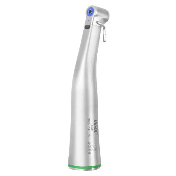 20:1 dental Implant Fiber Optic handpiece with sleek silver design, blue top connector, and green base ring. Features E-type connection, cooling system, and high-precision gears for efficient dental procedures. Compact and ergonomic shape for comfortable handling during implant treatments.