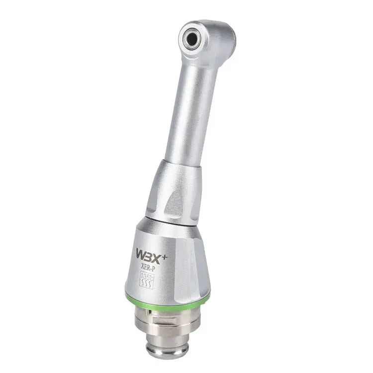 20:1 mini push button electrical contra angle head, silver dental handpiece with angled design, compact size for precision work, featuring green indicator ring and WBX+ branding on the body