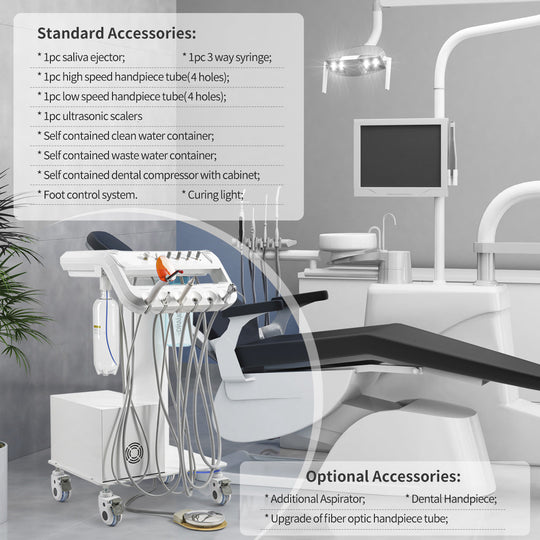 Portable Dental Mobile Cart Delivery Unit 4 Holes with Air Compressor Built-in Woodpecker Ultrasonic Scaler & Curing Light