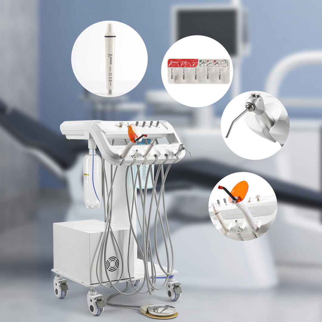 Portable Dental Mobile Cart Delivery Unit 4 Holes with Air Compressor Built-in Woodpecker Ultrasonic Scaler & Curing Light