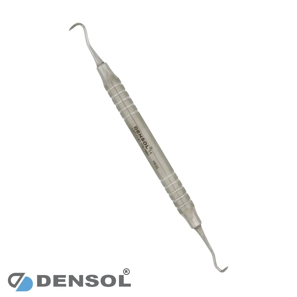 Dental Sickle Scaler Jacquette H5/33 Anterior with round hollow handle, made of stainless steel. Professional dental instrument for scaling procedures, featuring curved ends and a textured grip for precise control. Densol brand product image.