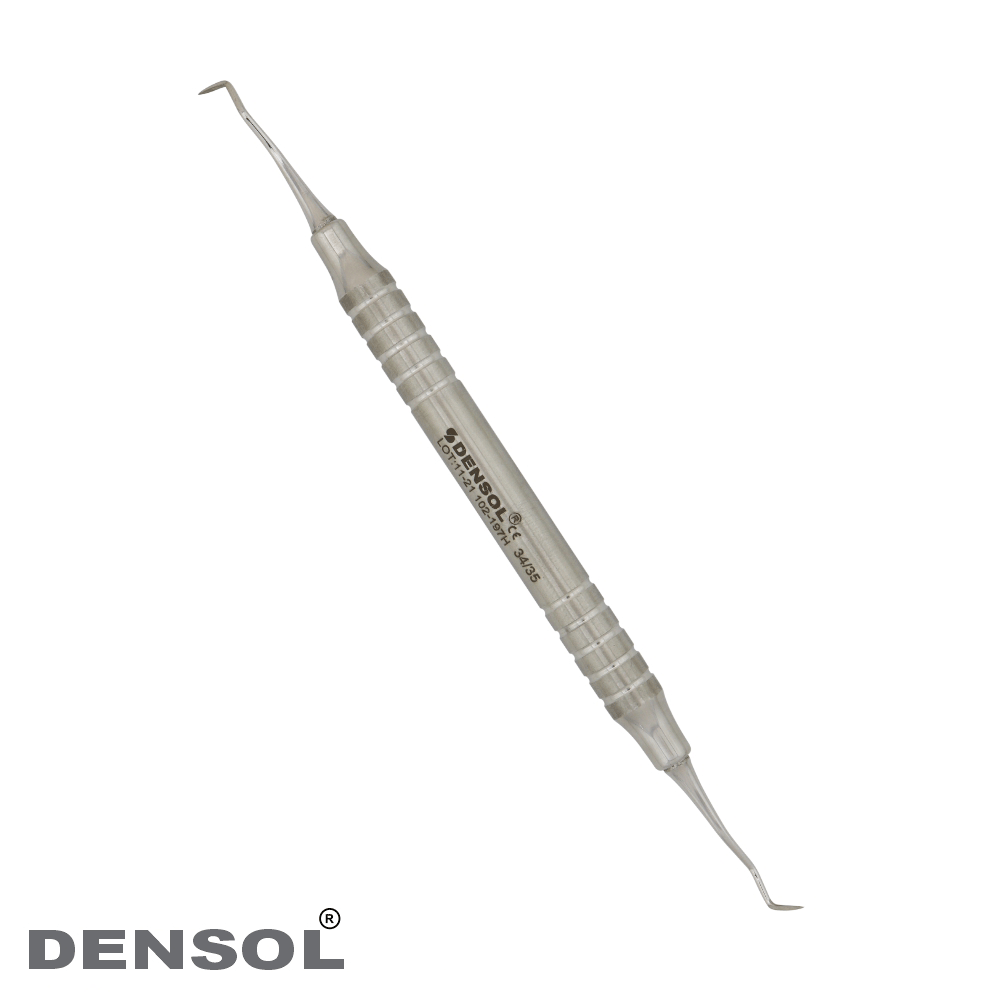 Dental Scaler Jacquette 34/35 Posterior with round hollow handle, made of stainless steel. Professional dental instrument for scaling procedures, featuring dual-ended design and Densol branding.