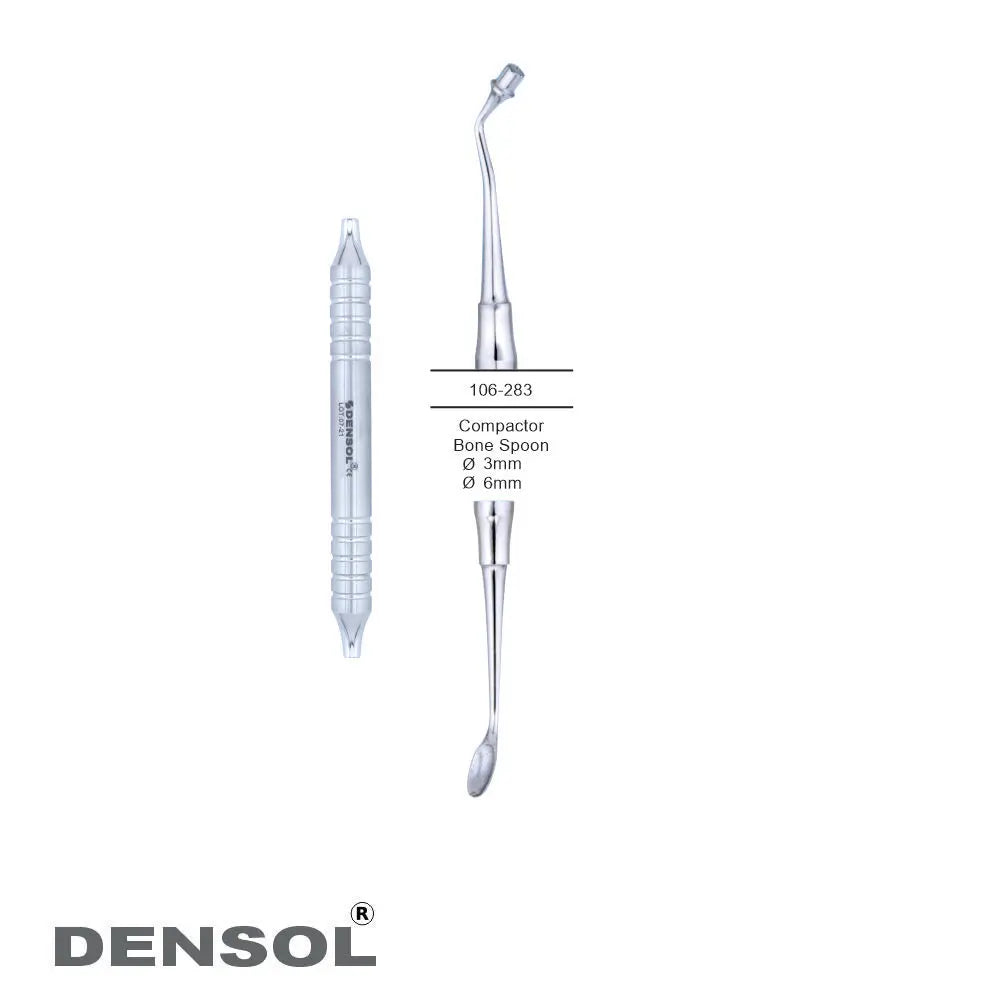 Bone Graft Packer Spoon 6mm/3mm dental instrument with dual-ended design, featuring serrated compactor and bone scoop, made of stainless steel for dental implant procedures, by Densol