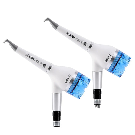 Dental Air Polisher Teeth Polishing Handpiece Whitening Spray with 360° rotating feature and quick coupler, shown as two white and blue devices with angled tips for precise dental cleaning and polishing