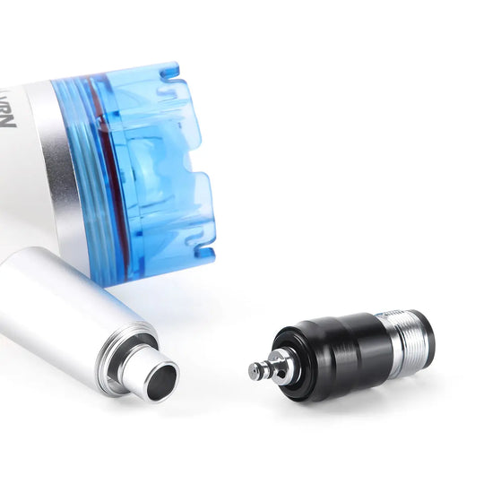 Dental Air Polisher Teeth Polishing Handpiece with detachable blue transparent powder chamber and black quick coupler connector, showcasing 360-degree rotating feature for effective teeth whitening and cleaning