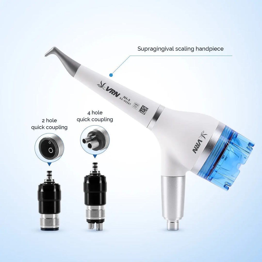 Dental Air Polisher Teeth Polishing Handpiece with 360° rotating feature, detachable design, and quick coupler options for 2 or 4 holes. Transparent window for powder visibility, ergonomic grip, and compatibility with NSK connectors for efficient dental cleaning and whitening.