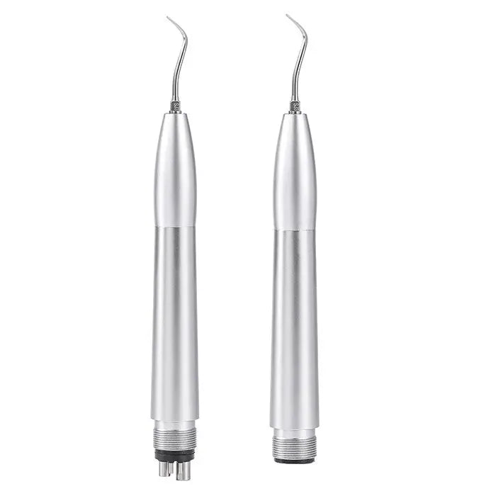 Dental Air Scaler Handpiece Tooth Cleaner With 3 Tips 2/4 Holes: Two silver dental air scaler handpieces with curved metal tips, showcasing the sleek design and professional-grade quality of the dental cleaning tool for efficient tooth cleaning and plaque removal.