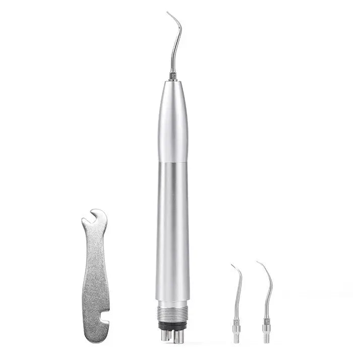 Dental Air Scaler Handpiece Tooth Cleaner with 3 Tips 2/4 Holes, featuring silver metallic handle, curved tip, wrench tool, and two additional scaler tips for professional dental cleaning and plaque removal