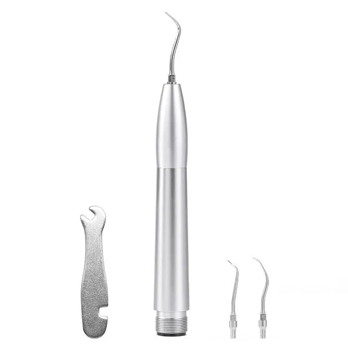 Dental Air Scaler Handpiece Tooth Cleaner with 3 Tips 2/4 Holes, featuring sleek silver metal body, curved tip, and accessories including wrench and additional scaler tips for professional dental cleaning and calculus removal