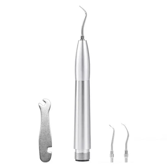 Dental Air Scaler Handpiece Tooth Cleaner with 3 Tips 2/4 Holes, featuring sleek silver metal body, curved tip, and accessories including wrench and additional scaler tips for professional dental cleaning and calculus removal