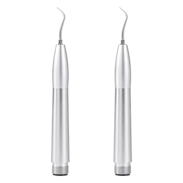 Dental Air Scaler Handpiece Tooth Cleaner With 3 Tips 2/4 Holes - Two silver metallic dental air scaler handpieces with curved tips, showcasing sleek design and professional-grade quality for efficient tooth cleaning and calculus removal in dental procedures.