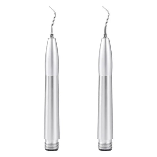 Dental Air Scaler Handpiece Tooth Cleaner With 3 Tips 2/4 Holes - Two silver metallic dental air scaler handpieces with curved tips, showcasing sleek design and professional-grade quality for efficient tooth cleaning and calculus removal in dental procedures.