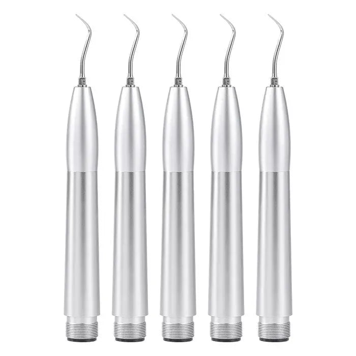 Dental Air Scaler Handpiece Tooth Cleaner With 3 Tips 2/4 Holes: Five silver metal dental air scaler handpieces with curved tips lined up in a row, showcasing professional dental cleaning tools for effective tooth scaling and plaque removal