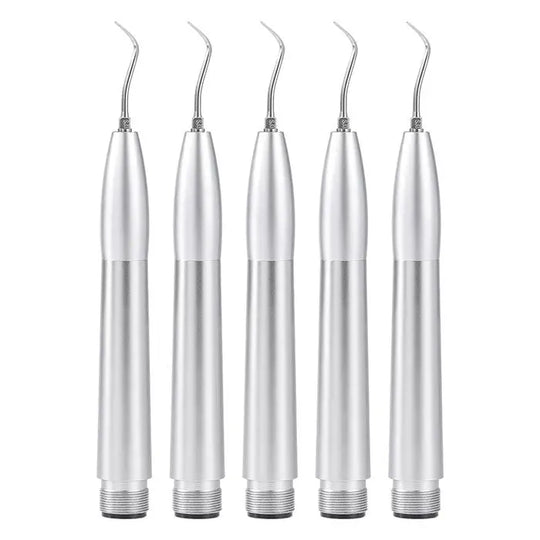 Dental Air Scaler Handpiece Tooth Cleaner With 3 Tips 2/4 Holes: Five silver metal dental air scaler handpieces with curved tips lined up in a row, showcasing professional dental cleaning tools for effective tooth scaling and plaque removal