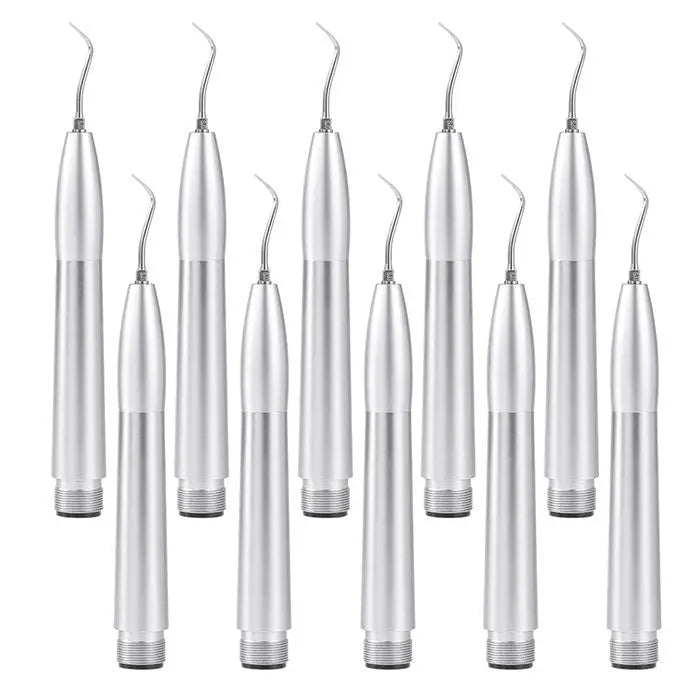 Dental Air Scaler Handpiece Tooth Cleaner With 3 Tips 2/4 Holes - Multiple silver dental air scaler handpieces with curved tips arranged in rows, showcasing professional dental cleaning tools for efficient tooth scaling and plaque removal