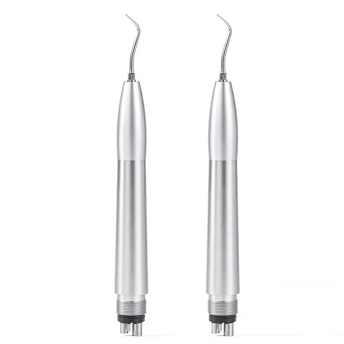 Dental Air Scaler Handpiece Tooth Cleaner With 3 Tips 2/4 Holes: Two silver dental air scaler handpieces with curved tips, showcasing sleek design and professional-grade dental cleaning equipment for efficient tooth cleaning and calculus removal.