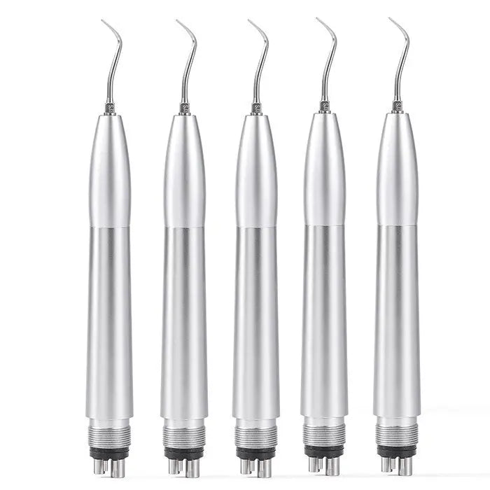 Dental Air Scaler Handpiece Tooth Cleaner With 3 Tips 2/4 Holes: Five silver metallic dental air scaler handpieces with curved tips arranged in a row, showcasing professional dental cleaning tools for effective tooth scaling and plaque removal.