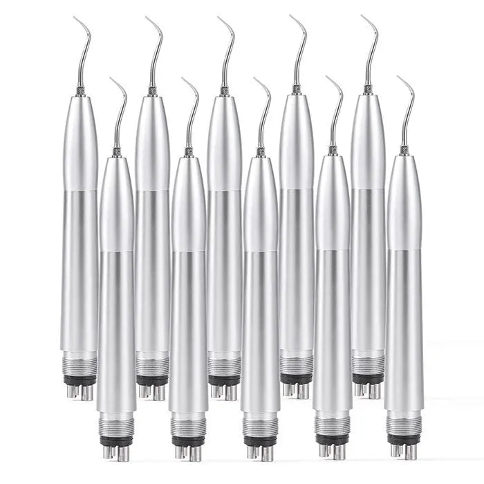 Dental Air Scaler Handpiece Tooth Cleaner With 3 Tips 2/4 Holes: Multiple silver dental air scaler handpieces with curved tips arranged in rows, showcasing professional dental cleaning tools for efficient tooth cleaning and plaque removal