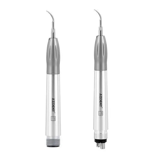 Dental Air Scaler Handpiece Super Sonic Scaling Handle 2/4 Holes With 3 Scaler Tips: Two silver and gray metal dental handpieces with curved tips, showcasing the advanced design for efficient dental scaling and cleaning procedures