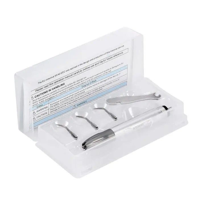 Dental Air Scaler Handpiece Super Sonic Scaling Handle 2/4 Holes With 3 Scaler Tips in white packaging, showing metal handpiece and three detachable scaler tips, with instruction manual visible