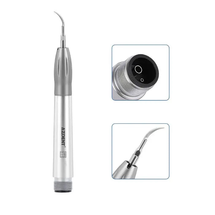 Dental Air Scaler Handpiece Super Sonic Scaling Handle 2/4 Holes With 3 Scaler Tips, featuring silver metal body, curved tip, and close-up views of connector and tip attachment. Professional dental tool for efficient plaque removal and teeth cleaning.