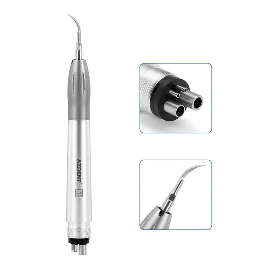 Dental Air Scaler Handpiece Super Sonic Scaling Handle 2/4 Holes With 3 Scaler Tips: Silver and white metal dental tool with curved tip, close-up of 2/4 hole connector, and detachable scaler tip shown in three separate images