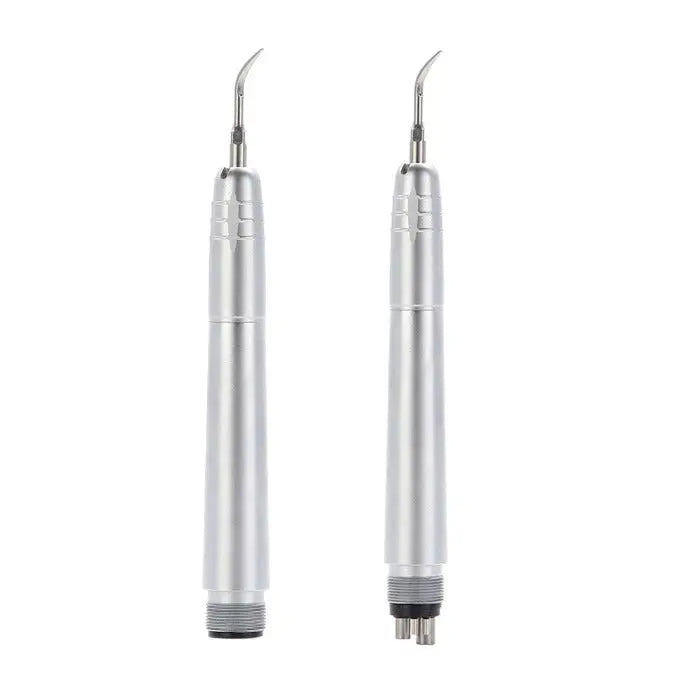 Dental Air Scaler Handpiece 2/4 Holes With 3 Scaler Tips: Two silver metallic dental scaler handpieces with curved tips, designed for professional dental cleaning and scaling procedures, featuring 2/4 hole connections and compatible with G1, G2, and P1 scaler tips.