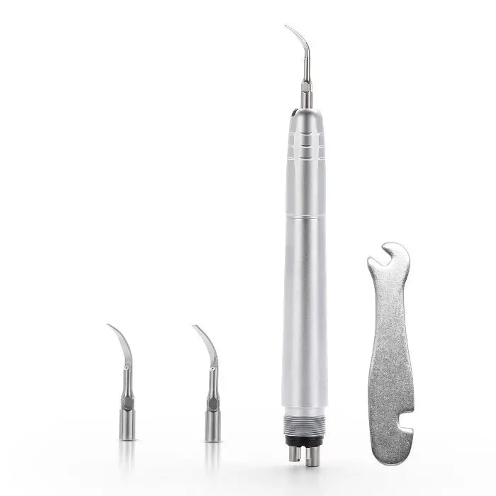 Dental Air Scaler Handpiece 2/4 Holes With 3 Scaler Tips featuring a silver metal handpiece, two detachable scaler tips, and a wrench tool for dental procedures, displayed on a white background