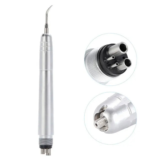 Dental Air Scaler Handpiece 2/4 Holes with 3 Scaler Tips: Silver dental tool with curved tip, close-up views of connector and attachment point, compatible with 2 or 4 hole systems, includes G1, G2, P1 tips for efficient dental scaling and cleaning