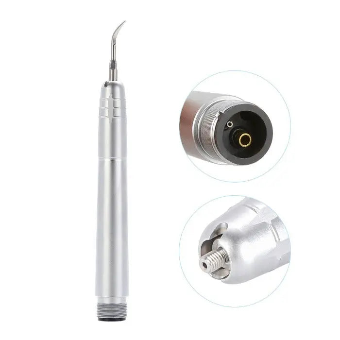 Dental Air Scaler Handpiece 2/4 Holes With 3 Scaler Tips, featuring silver metal body, curved tip, and close-up views of connector and attachment points for dental hygiene and tooth cleaning procedures