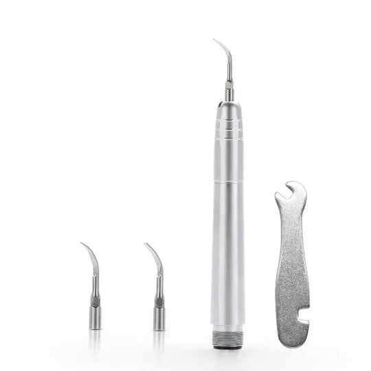 Dental Air Scaler Handpiece 2/4 Holes with 3 Scaler Tips, including silver metal handpiece, two detachable scaler tips, and adjustment wrench on white background. Professional dental hygiene tool for efficient plaque removal and teeth cleaning.