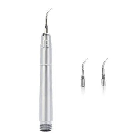 Dental Air Scaler Handpiece 2/4 Holes with 3 Scaler Tips: Silver metallic handpiece with curved tip shown alongside two additional detachable scaler tips, demonstrating versatility and efficiency for dental procedures