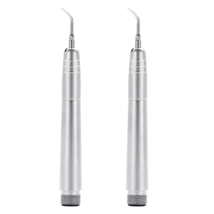 Dental Air Scaler Handpiece 2/4 Holes with 3 Scaler Tips: Two silver metal dental air scaler handpieces with curved tips, showcasing sleek design and professional-grade construction for efficient dental scaling procedures.