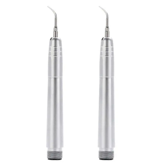 Dental Air Scaler Handpiece 2/4 Holes with 3 Scaler Tips: Two silver metal dental air scaler handpieces with curved tips, showcasing sleek design and professional-grade construction for efficient dental scaling procedures.