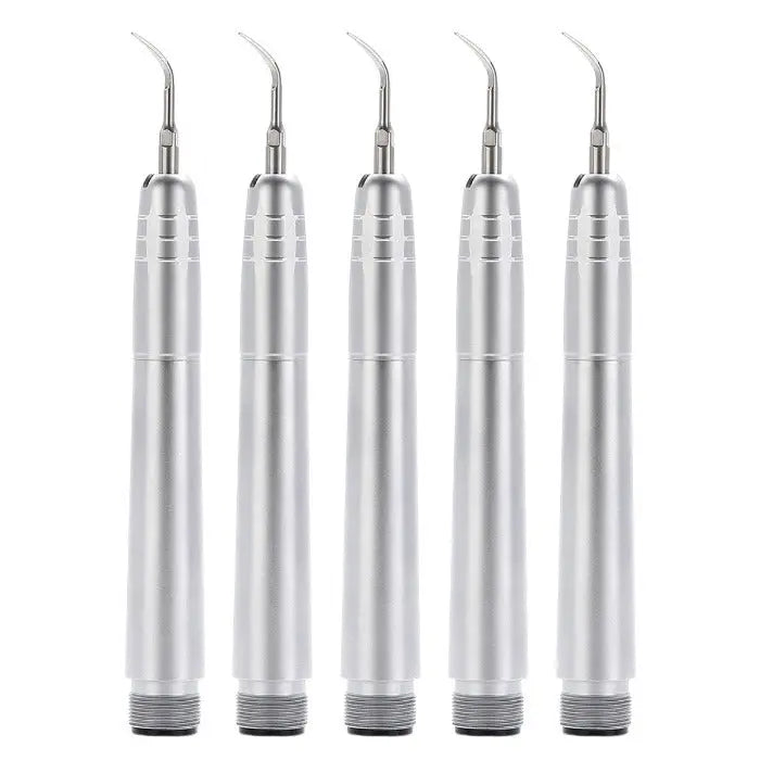 Dental Air Scaler Handpiece 2/4 Holes With 3 Scaler Tips: Five silver dental air scaler handpieces arranged in a row, showing sleek cylindrical bodies with curved tips for precise dental scaling and cleaning procedures.