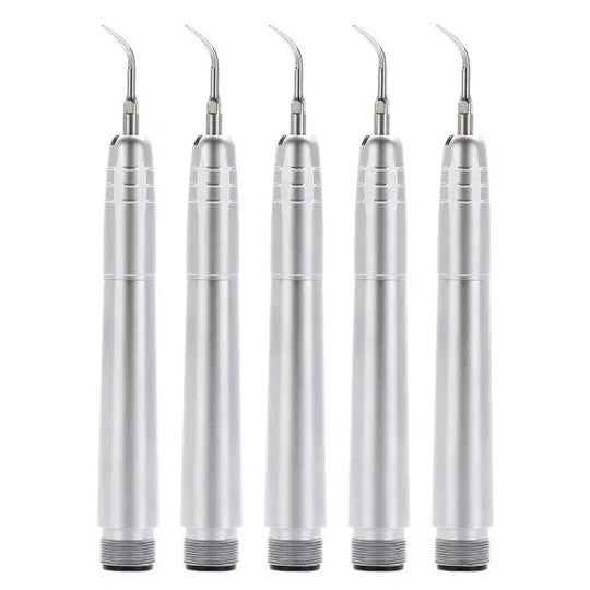 Dental Air Scaler Handpiece 2/4 Holes With 3 Scaler Tips: Five silver dental air scaler handpieces arranged in a row, showing sleek cylindrical bodies with curved tips for precise dental scaling and cleaning procedures.