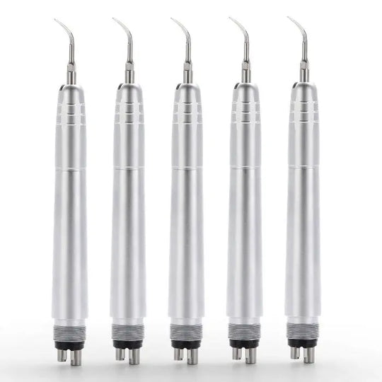 Dental Air Scaler Handpiece 2/4 Holes With 3 Scaler Tips: Five silver-colored dental air scaler handpieces with curved tips arranged in a row, showcasing professional dental equipment for scaling and cleaning teeth