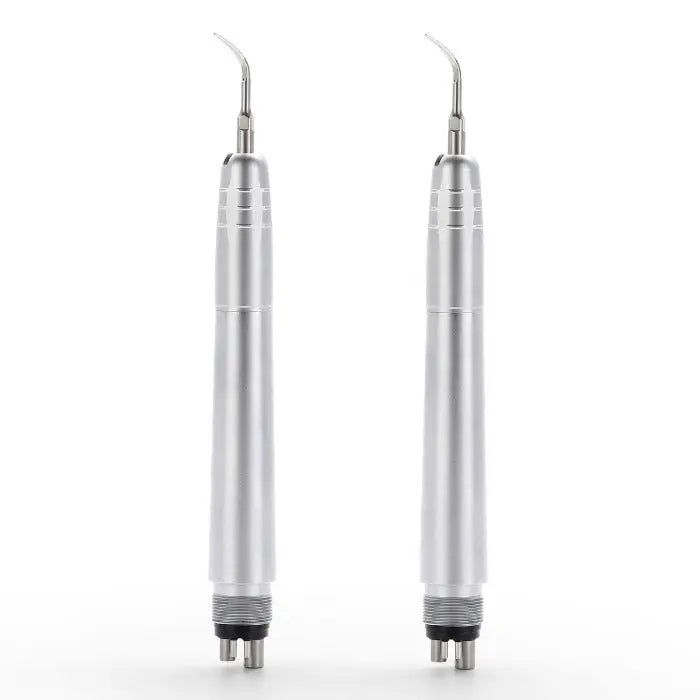 Dental Air Scaler Handpiece 2/4 Holes With 3 Scaler Tips: Two silver metal dental air scaler handpieces with curved tips, designed for professional tooth cleaning and scaling, compatible with 2 or 4 hole connections, includes three interchangeable scaler tips for versatile dental procedures