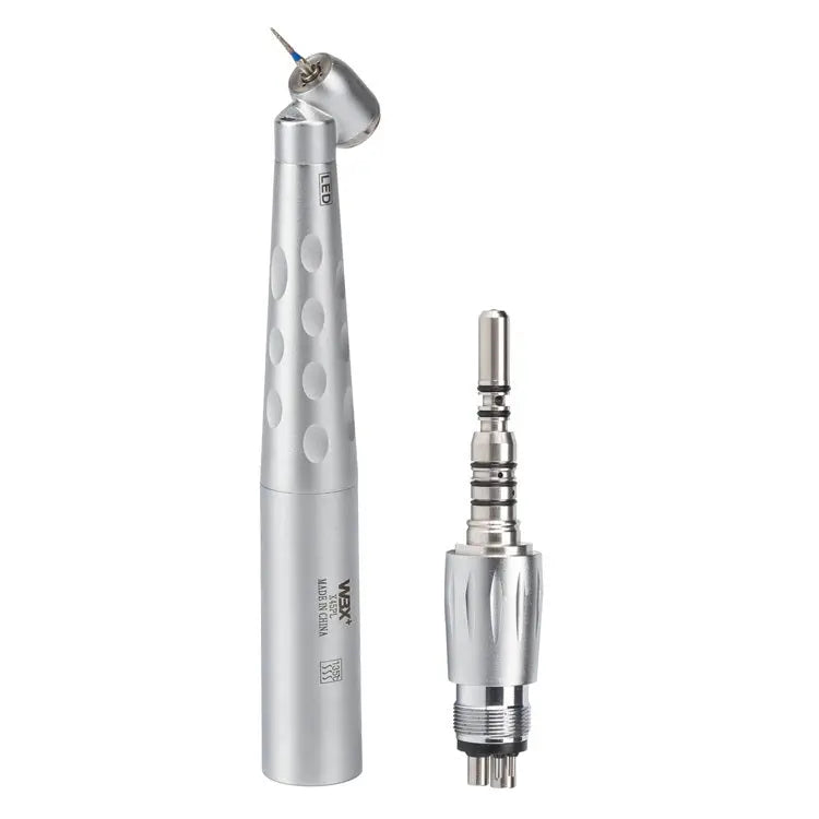 45 degree optical fiber quick coupling handpiece with detachable head, featuring ergonomic design, silver metal body, and textured grip for dental procedures. High-speed, push-button operation for precise and efficient dental work.